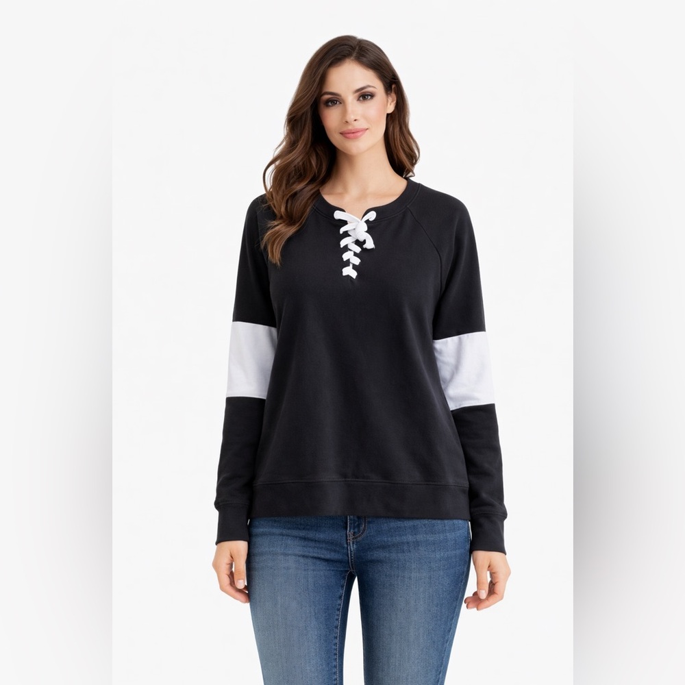 SO Perfect Crew Black and White Lace-Up Sweater